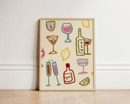 Drink Glasses Print, Colourful Wine Retro Wall Art, Kitchen Prints, Aesthetic Decor, Gallery Wall, Home Inspo, Unframed - thumbnail 1