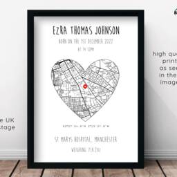 Personalised Newborn Baby Map Birth Details Nursery Print & Frames - Gift For New Shower Boy Girl Name Child Picture Bedroom Info - thumbnail 2