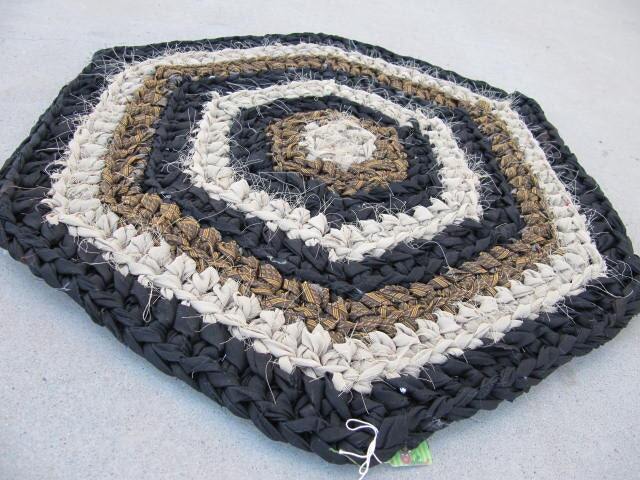 Black Brown Crocheted Rag Rug, Hexagon Rustic Home Decor, Handmade Boho, Vintage Kitchen Shabby Chic, Eco - image 1