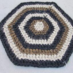 Black Brown Crocheted Rag Rug, Hexagon Rustic Home Decor, Handmade Boho, Vintage Kitchen Shabby Chic, Eco - thumbnail 3