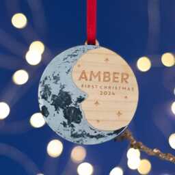 Baby's First Christmas Moon Tree Ornament. Personalised Decoration-Lunar Stars New Baby Man in The Moon-Silver Wood Hygge - thumbnail 2