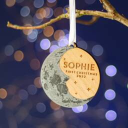 Baby's First Christmas Moon Tree Ornament. Personalised Decoration-Lunar Stars New Baby Man in The Moon-Silver Wood Hygge - thumbnail 4