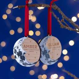 Baby's First Christmas Moon Tree Ornament. Personalised Decoration-Lunar Stars New Baby Man in The Moon-Silver Wood Hygge