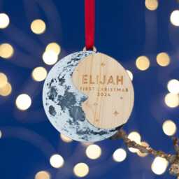 Baby's First Christmas Moon Tree Ornament. Personalised Decoration-Lunar Stars New Baby Man in The Moon-Silver Wood Hygge - thumbnail 3