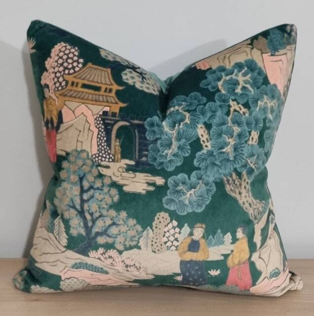 Linwood Omega Prints Japanese Garden Jade & Velvet Cushion Cover 45x45 cm - image 1