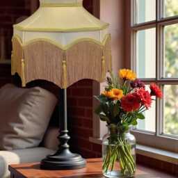 Handmade Oyster Cream Fabric Lampshade Downton Abbey Style, Gold Braid & Tassel Trim - thumbnail 2