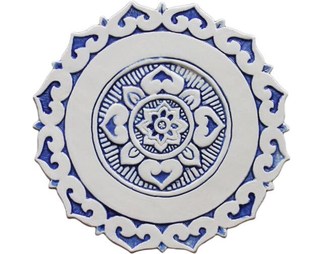 Wall Hanging With Ethnic Design, Outdoor Art, Ceramic Tile, Kitchen Mandala Mandalita Plain Border Cutout 28cm Blue - image 1