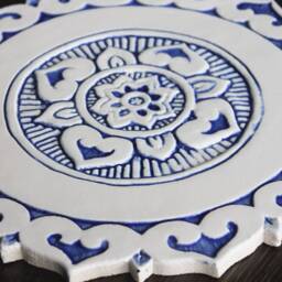 Wall Hanging With Ethnic Design, Outdoor Art, Ceramic Tile, Kitchen Mandala Mandalita Plain Border Cutout 28cm Blue - thumbnail 3