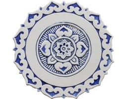 Wall Hanging With Ethnic Design, Outdoor Art, Ceramic Tile, Kitchen Mandala Mandalita Plain Border Cutout 28cm Blue - thumbnail 1