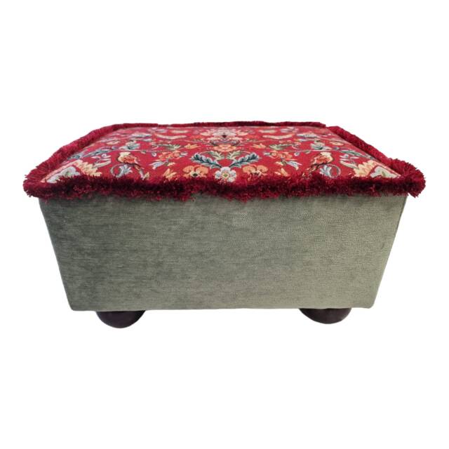 William Morris Tapestry Footstool Red Birds Design, Mahogany Bun Feet - image 1