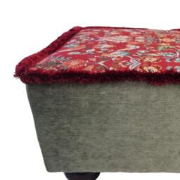 William Morris Tapestry Footstool Red Birds Design, Mahogany Bun Feet - thumbnail 3