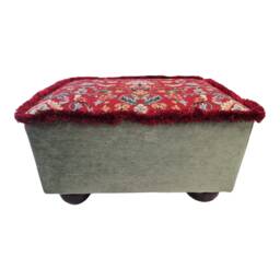 William Morris Tapestry Footstool Red Birds Design, Mahogany Bun Feet