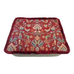 William Morris Tapestry Footstool Red Birds Design, Mahogany Bun Feet - thumbnail 2