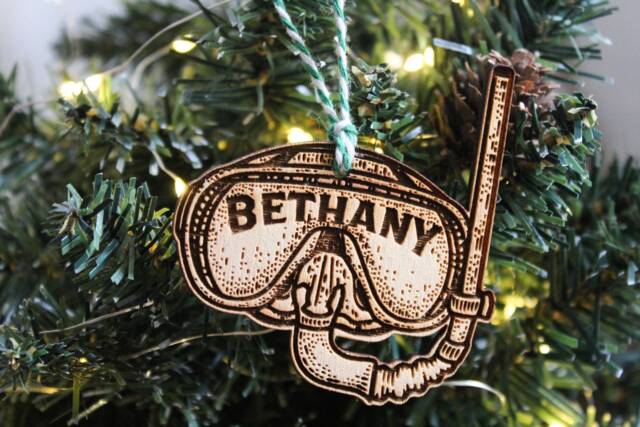 Personalised Snorkel Christmas Ornament Diver Diving Sea Snorkelling Wood Custom Bauble Laser Engraved Rustic Wooden Tree Decoration - image 1
