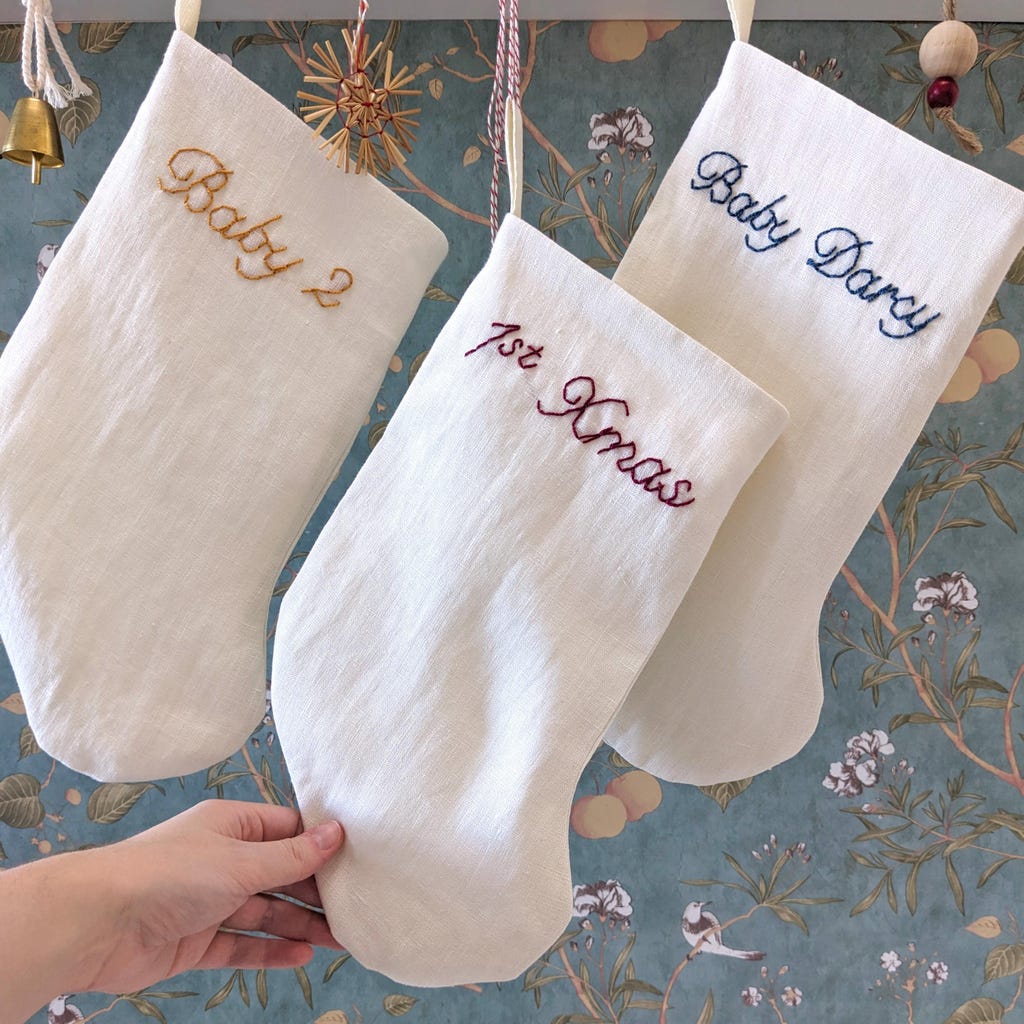 Hand Embroidered Baby's First Christmas Personalized Linen Holiday