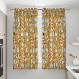 Retro Mustard Curtains, Mid-Century Botanical Print Drapes With Pink & Blue Leaves, Custom Made Heading Panels, Vintage Modern Window Decor - thumbnail 3