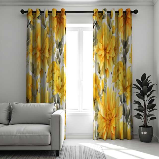 Bright Yellow Floral Curtains, Bold Mustard Flower Print Drapes, Modern Botanical Window Treatment, Custom Sizes Available - image 1