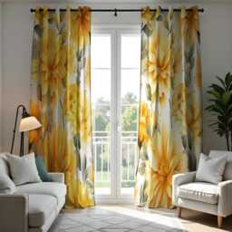 Bright Yellow Floral Curtains, Bold Mustard Flower Print Drapes, Modern Botanical Window Treatment, Custom Sizes Available - thumbnail 3