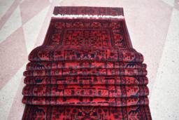 Extra Long Afghan Runner Rug, Handknotted Wool, Red Turkmen Carpet - 31.8 X 2.10 Ft - thumbnail 1