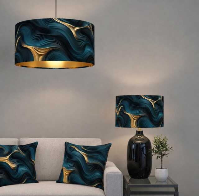 Handmade By Order Luxury Teal Golden Wave Pattern Abstract Art Print On Velvet Drum Lamp Shade Pendant Light All Shapes & Sizes - image 1