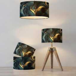 Handmade By Order Luxury Teal Golden Wave Pattern Abstract Art Print On Velvet Drum Lamp Shade Pendant Light All Shapes & Sizes - thumbnail 4