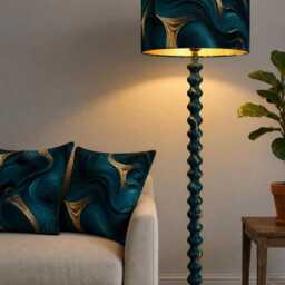 Handmade By Order Luxury Teal Golden Wave Pattern Abstract Art Print On Velvet Drum Lamp Shade Pendant Light All Shapes & Sizes - thumbnail 2
