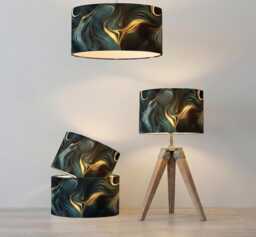 Handmade By Order Luxury Teal Golden Wave Pattern Abstract Art Print On Velvet Drum Lamp Shade Pendant Light All Shapes & Sizes - thumbnail 1
