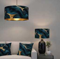 Handmade By Order Luxury Teal Golden Wave Pattern Abstract Art Print On Velvet Drum Lamp Shade Pendant Light All Shapes & Sizes - thumbnail 1