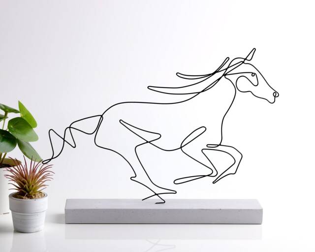 Wire Horse Sculpture Handmade Minimalist Metal Art, Concrete Base - image 1