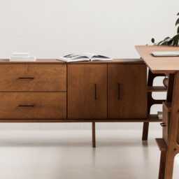 Executive Desk With Storage, L Shaped Sideboard, Mid Century Modern Home Office Set, Large Wooden Drawer, Credenza - thumbnail 2