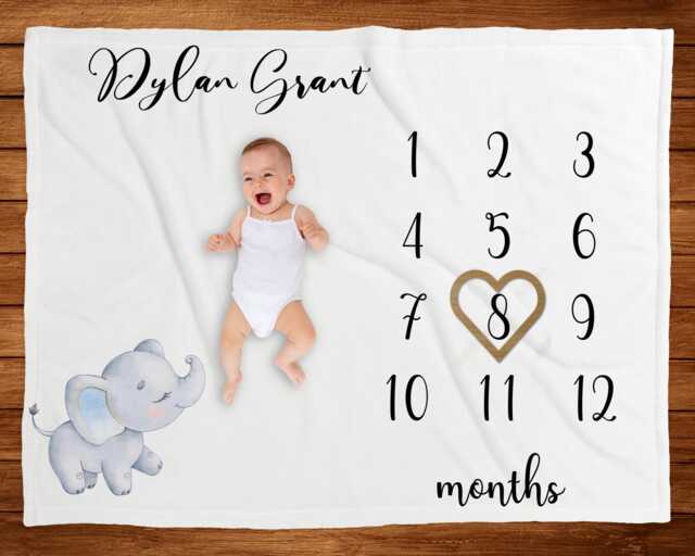 Elephant Baby Milestone Blanket, Monthly Growth Tracker, Simple Personalized Unisex Custom Shower Gift, New Boy Gift - image 1