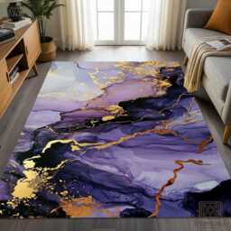 Purple Gold Marble Area Rug - Abstract Watercolor Washable Mat - thumbnail 1