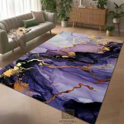 Purple Gold Marble Area Rug - Abstract Watercolor Washable Mat - thumbnail 2