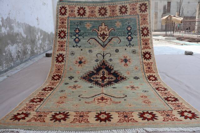 4x6 Afghan Rug, Turkish Geometric Design Faded Wool Area Natural Dyes Beige Light Blue Floral Oriental Tribal Living Room Rug - image 1