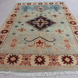4x6 Afghan Rug, Turkish Geometric Design Faded Wool Area Natural Dyes Beige Light Blue Floral Oriental Tribal Living Room Rug - thumbnail 3