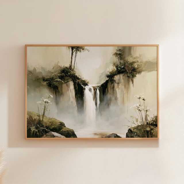 Forest Waterfall Poster, Green Landscape Print, Nature Wall Art, Paper - image 1