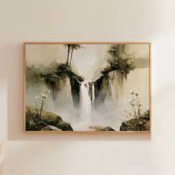 Forest Waterfall Poster, Green Landscape Print, Nature Wall Art, Paper - thumbnail 1