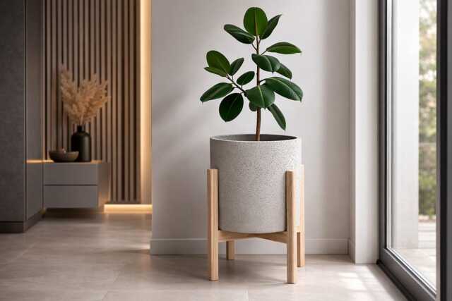 Oak Plant Stand Whit Concrete Pot - image 1