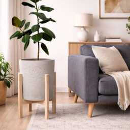 Oak Plant Stand Whit Concrete Pot - thumbnail 2