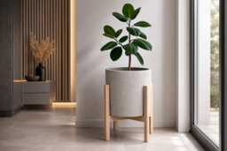 Oak Plant Stand Whit Concrete Pot
