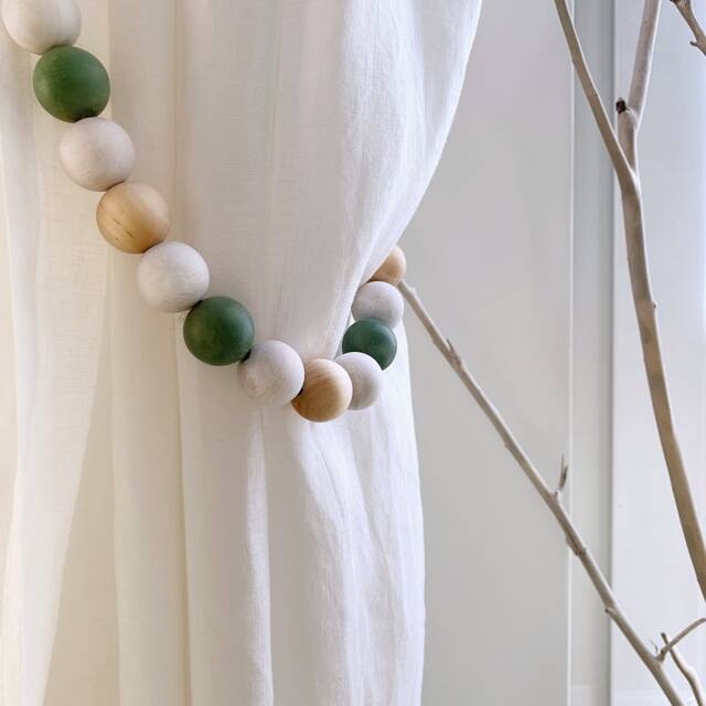 Sage Green Wooden Bead Curtain Tiebacks Woodland Nursery Decor, Set Of 2 - image 1