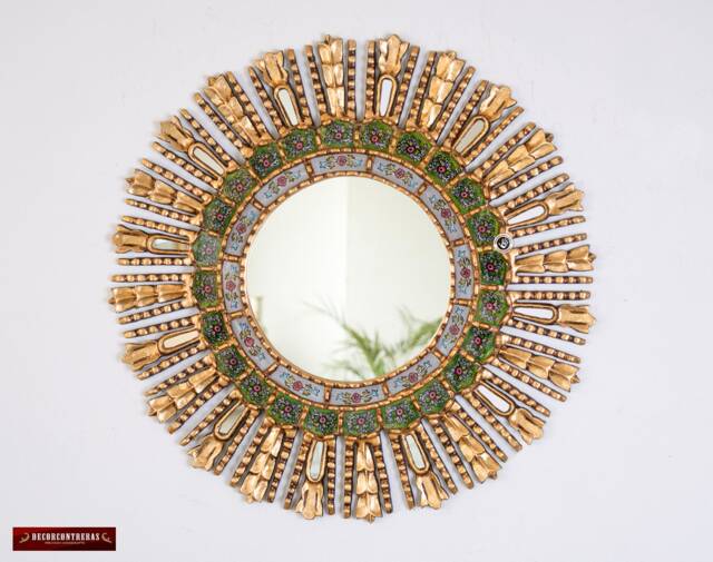 "Green Round Decorative Mirror For Wall 23.6"", Gold Sunburst Living Room " - image 1