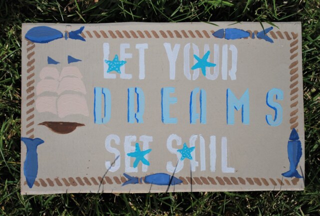 Let Your Dreams Set Sail Sign, Hand Lettered, Drawn, Beach Gift, Coastal Wall Hanging - image 1