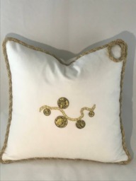 White Linen Cushion Cover, Gold Coin Trim, European Flair - thumbnail 1