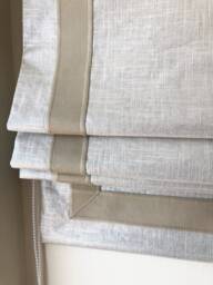 Linen Blend Roman Shade, Shimmer Silver Medal With Taupe Trim, Custom Window Treatment - thumbnail 1