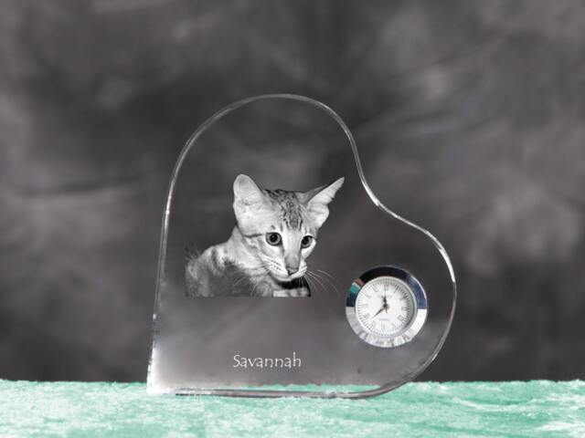 Savannah Cat - Crystal Clock in The Shape Of A Heart With Image Pure-Bred Cat - image 1