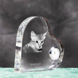 Savannah Cat - Crystal Clock in The Shape Of A Heart With Image Pure-Bred Cat - thumbnail 3