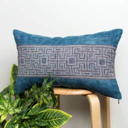 Indigo Dyed Lumbar Pillow Cover - Hemp & Linen, Vintage Hmong Batik - 12x20 - thumbnail 2