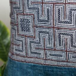 Indigo Dyed Lumbar Pillow Cover - Hemp & Linen, Vintage Hmong Batik - 12x20 - thumbnail 3