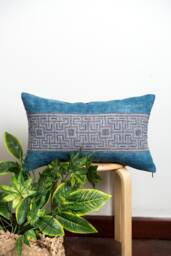Indigo Dyed Lumbar Pillow Cover - Hemp & Linen, Vintage Hmong Batik - 12x20